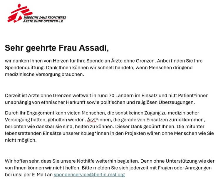 Wir unterstützen Ärzte ohne Grenzen ❤️🌍 Mit unserer Spende möchten wir einen kleinen Beitrag für weltweite Hilfe leisten. Danke für euren unermüdlichen Einsatz! 🙏